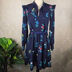Draper James Sz 2 Blue Floral Fit & Flare Dress Long Sleeve Ruffle Split V-Neck